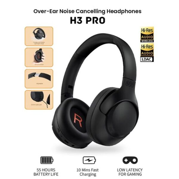 H3 PRO Over Ear Headphones Adaptive ANC, Wired & Wireless Connectivity, 50dB Active Noise Cancellation with Multiple Modes, LDAC Hi-Res Wireless Audio, 55H Playtime, Custom EQ via App - Black