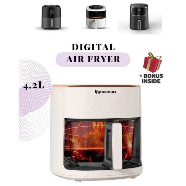 ROKO 3D Air Fryer 4.2L with Non-Toxic Glass Basket – Oil-Free Deep Fry, Air Fry, Bake & Roast